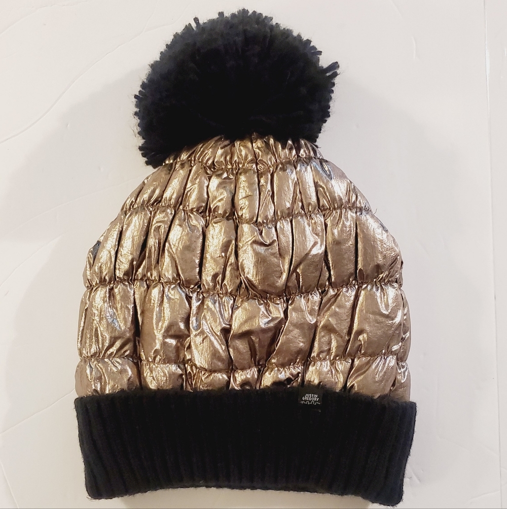 Justin Gregory Metallic Gold and Black Pom-Pom Beanie Hat